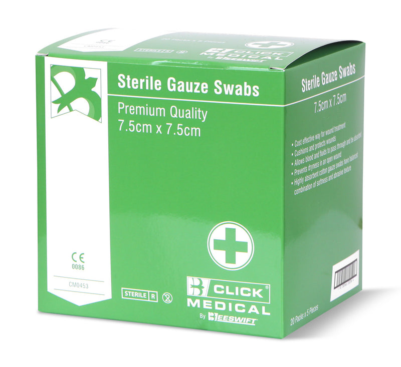 Click Medical Gauze Swabs 7.5cm x 7.5cm Sterile - 100 Swabs - IndustraCare