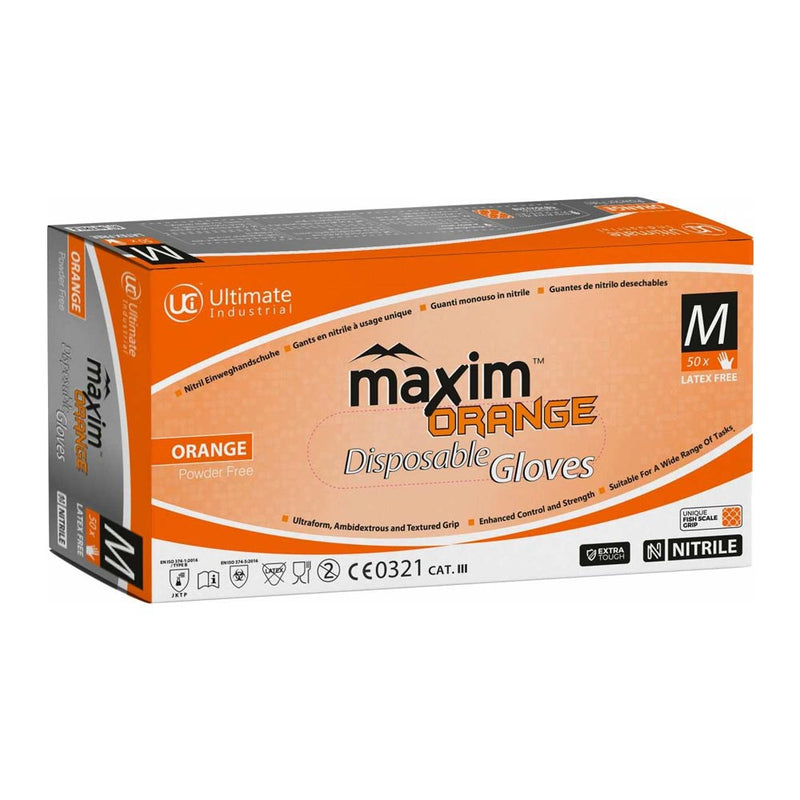UCI Maxim Orange Heavy Duty Fishscale Grip 6mm Nitrile Disposable Gloves - Box of 50 - IndustraCare