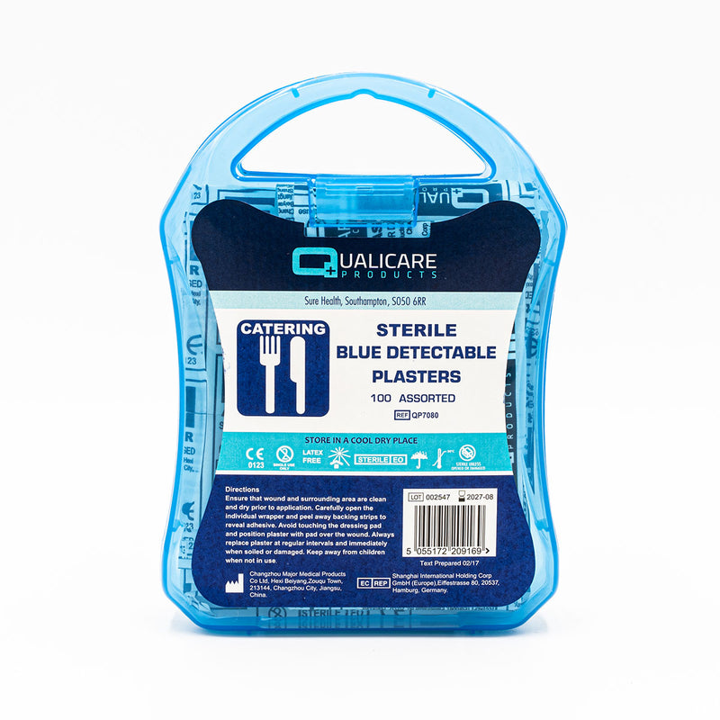 Qualicare Blue Detectable Plasters 5 Assorted Sizes - Plastic Carry Box of 100 - IndustraCare