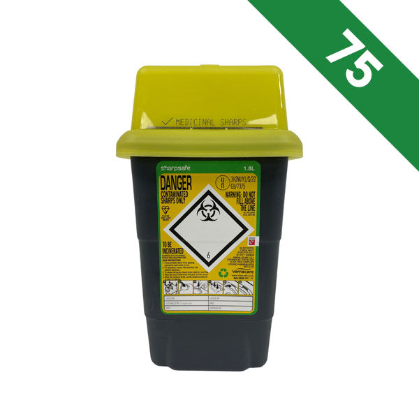 Sharpsafe 5th Gen Sharps Bin 1.8 Litre Yellow Lid - Bulk Case of 75