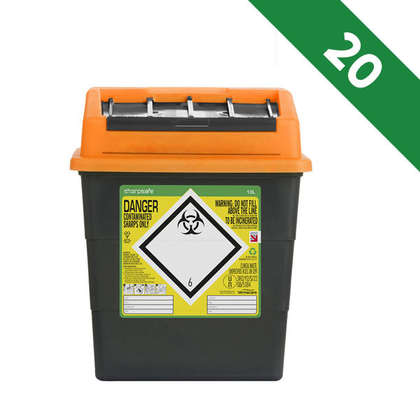 Sharpsafe 13 Litre Sharps Bin Orange Lid - Bulk Case of 20