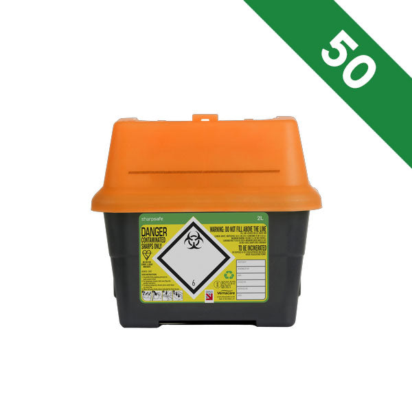 Sharpsafe 5th Gen Sharps Bin 2 Litre Orange Lid - Bulk Case of 50