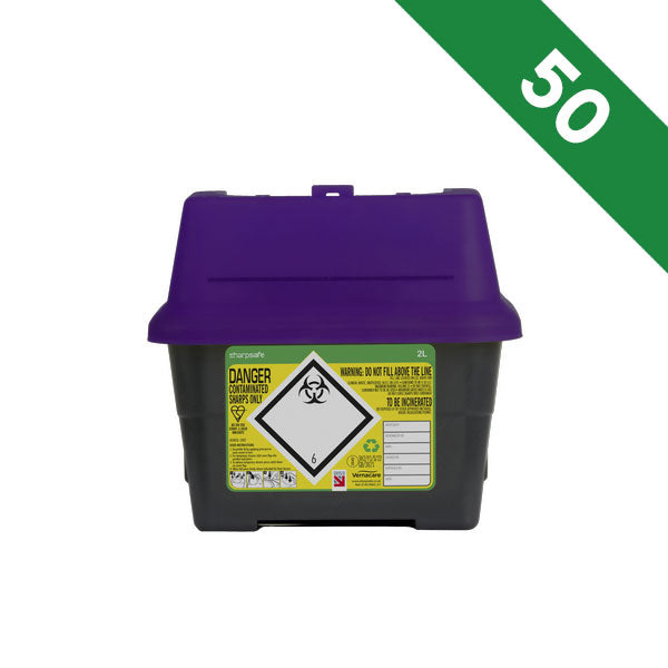 Sharpsafe 5th Gen Sharps Bin 2 Litre Purple Lid - Bulk Case of 50