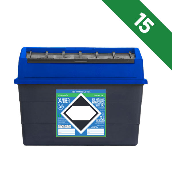 Sharpsafe 24 Litre Sharps Bin Pharmaceutical Waste Blue Lid - Bulk Case of 15