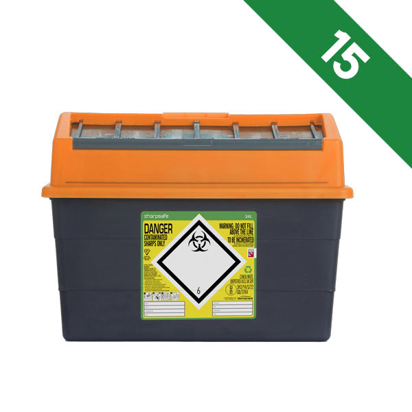 Sharpsafe 24 Litre Sharps Bin Orange Lid - Bulk Case of 15