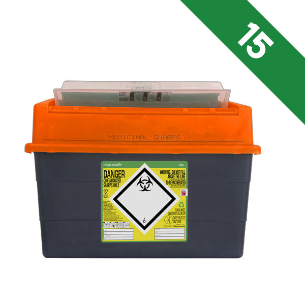 Sharpsafe 24 Litre Sharps Bin Protected Access Orange Lid - Bulk Case of 10