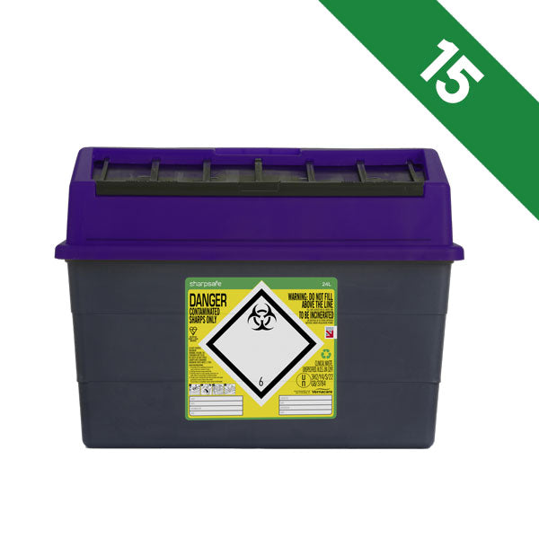 Sharpsafe 24 Litre Sharps Bin Purple Lid - Bulk Case of 15