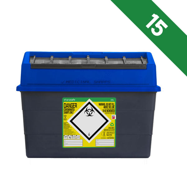 Sharpsafe 24 Litre Sharps Bin Scotland Blue Lid - Bulk Case of 15