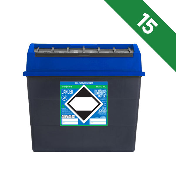 Sharpsafe 30 Litre Sharps Bin Pharmaceutical Waste Blue Lid - Bulk Case of 15