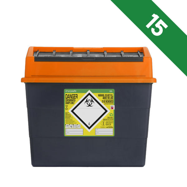 Sharpsafe 30 Litre Sharps Bin Orange Lid - Bulk Case of 15