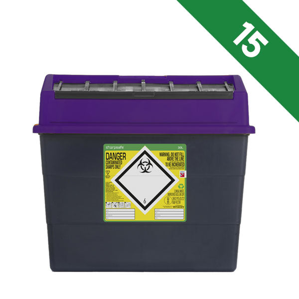 Sharpsafe 30 Litre Sharps Bin Purple Lid - Bulk Case of 15