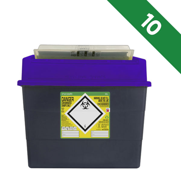 Sharpsafe 30 Litre Sharps Bin Protected Access Purple Lid - Bulk Case of 10