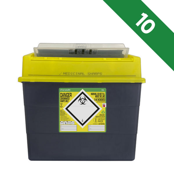 Sharpsafe 30 Litre Sharps Bin Protected Access Yellow Lid - Bulk Case of 10