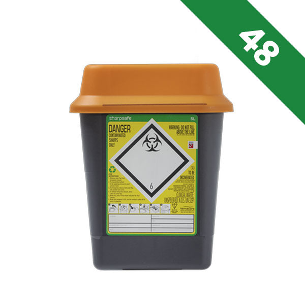 Sharpsafe Recycled Plastic Sharps Bin 5 Litre Orange Lid - Bulk Case of 48