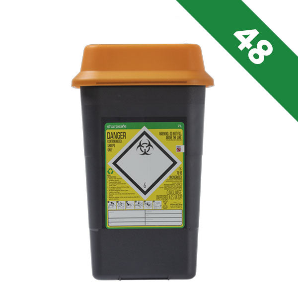 Sharpsafe Recycled Plastic Sharps Bin 7 Litre Orange Lid - Bulk Case of 48