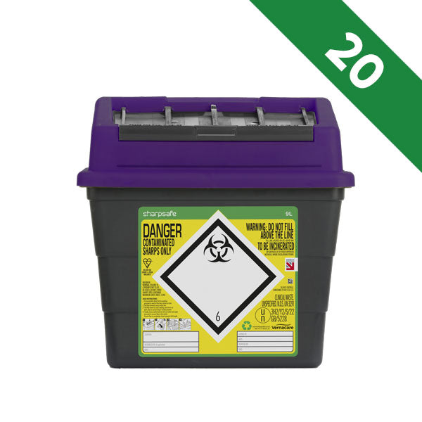 Sharpsafe 9 Litre Sharps Bin Purple Lid - Bulk Case of 20