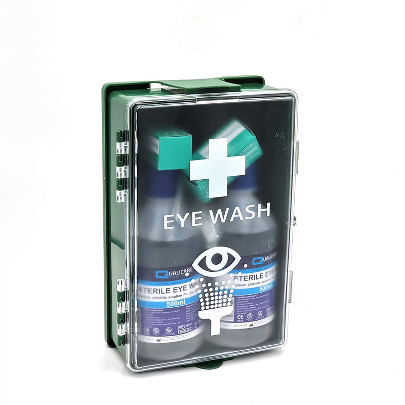 Qualicare Eyewash Cabinet Case/ Station with 2x500ml Eyewash and 2x HSE Eye Pad Dressings - IndustraCare