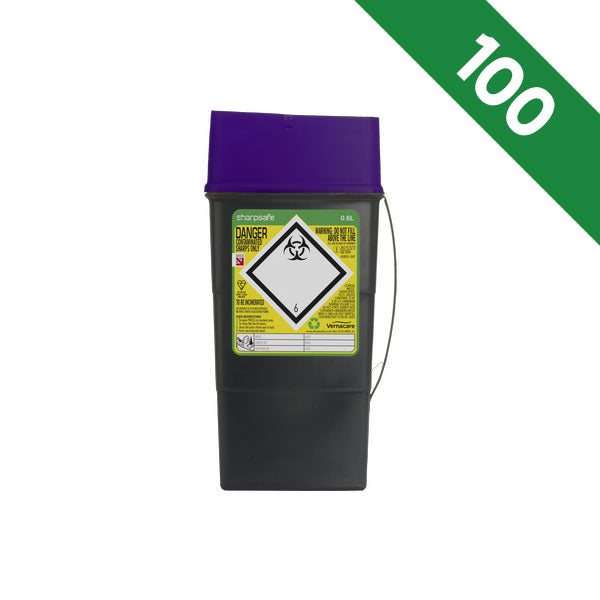 Sharpsafe 5th Gen Sharps Bin 0.6 Litre Purple Lid - Bulk Case of 100