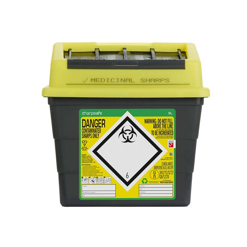 Sharpsafe 9L Plastic Sharps Bin UK Yellow Lid