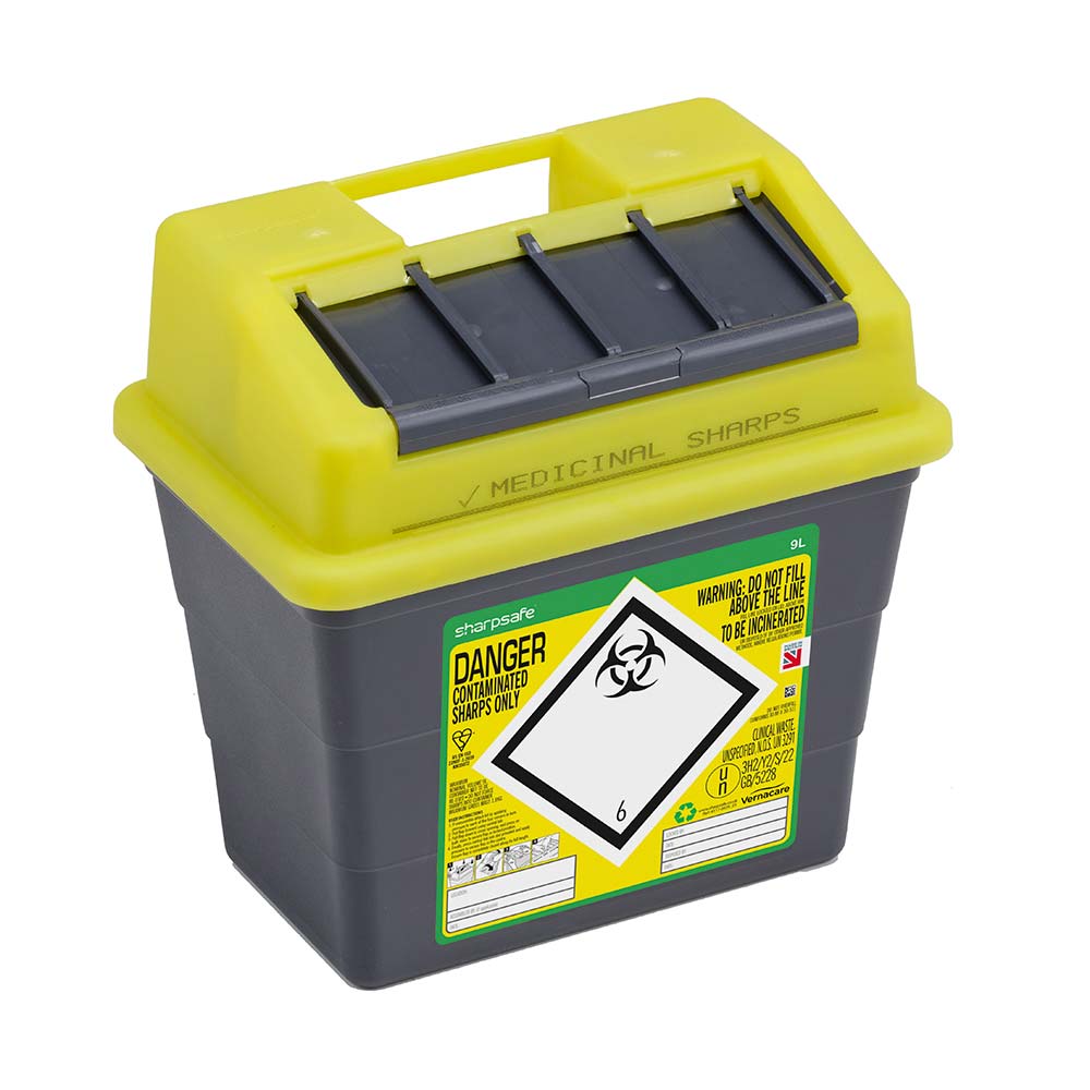 Sharpsafe 9L Plastic Sharps Bin UK Yellow Lid | IndustraCare