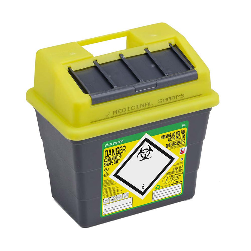 Sharpsafe 9L Plastic Sharps Bin UK Yellow Lid