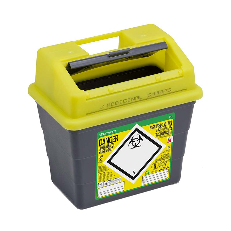 Sharpsafe 9L Plastic Sharps Bin UK Yellow Lid