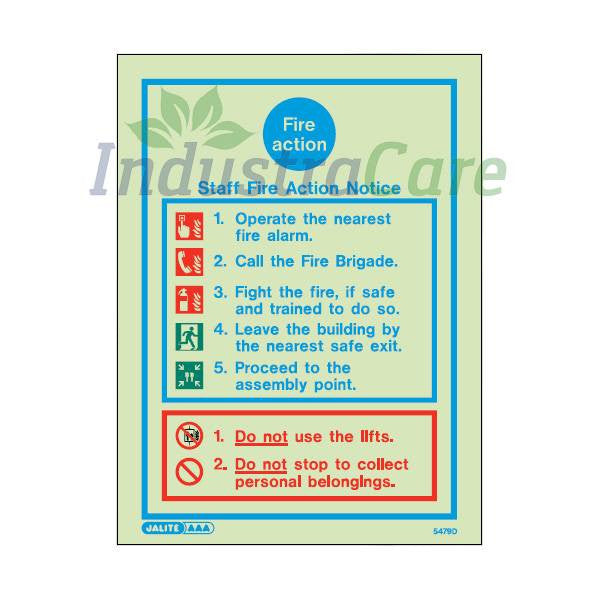 Jalite Staff Fire Action Notice Photoluminescent Sign (5479D) - IndustraCare